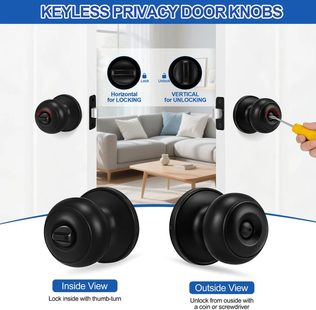 Alt view image 3 of 7 - 5 Pack Matte Black Door Knobs, Privacy Door Knob with Lock, Interior Doorknobs with Round Ball, Keyless Door Lockset for Bedrooms Bathrooms