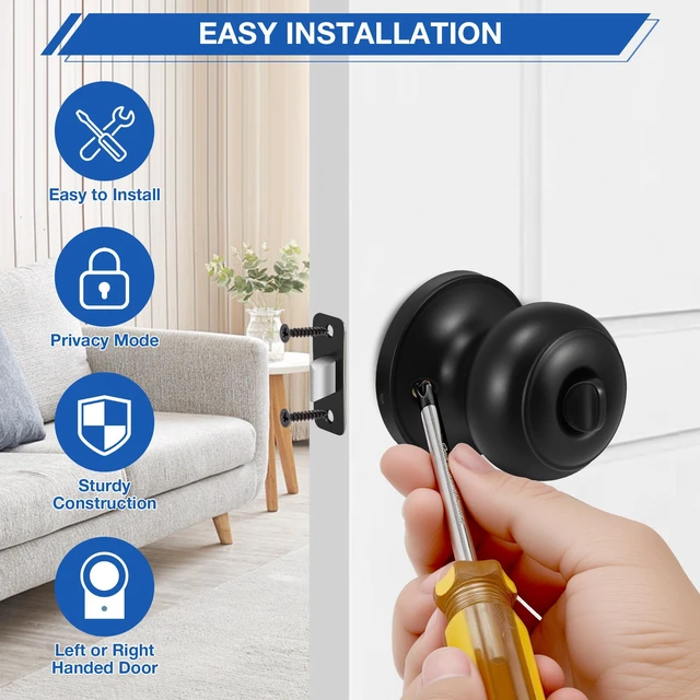 Alt view image 5 of 7 - 5 Pack Matte Black Door Knobs, Privacy Door Knob with Lock, Interior Doorknobs with Round Ball, Keyless Door Lockset for Bedrooms Bathrooms