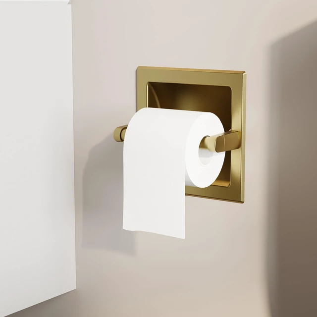 Alt view image 4 of 7 - Recessed Gold Toilet Paper Holder Wall Mounted 304 Stainless Steel Brushed Brass Post Pivoting Design Easy to Change Roll, in Wall Toilet Paper Holder for Mega Roll Waterproof & Rustproof