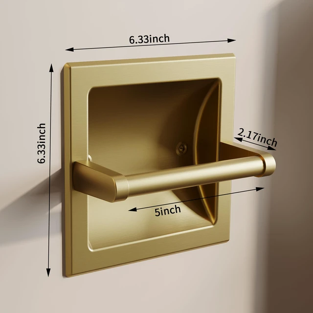 Alt view image 7 of 7 - Recessed Gold Toilet Paper Holder Wall Mounted 304 Stainless Steel Brushed Brass Post Pivoting Design Easy to Change Roll, in Wall Toilet Paper Holder for Mega Roll Waterproof & Rustproof