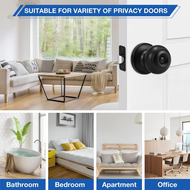 Alt view image 6 of 7 - 5 Pack Matte Black Door Knobs, Privacy Door Knob with Lock, Interior Doorknobs with Round Ball, Keyless Door Lockset for Bedrooms Bathrooms