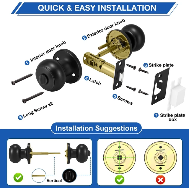 Alt view image 7 of 7 - 5 Pack Matte Black Door Knobs, Privacy Door Knob with Lock, Interior Doorknobs with Round Ball, Keyless Door Lockset for Bedrooms Bathrooms