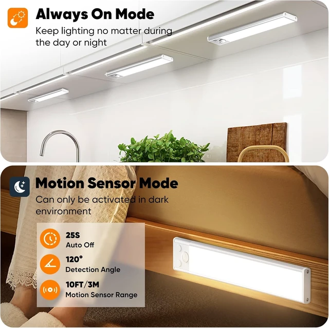 Alt view image 5 of 7 - Under Cabinet Lights, 2500mAh 12 Inch Motion Sensor Rechargeable Battery Operated Wireless Under Counter Lights Indoor, Magnetic 108-LED Dimmable Closet Lights for Kitchen with 3 Color Temps 5-Pack
