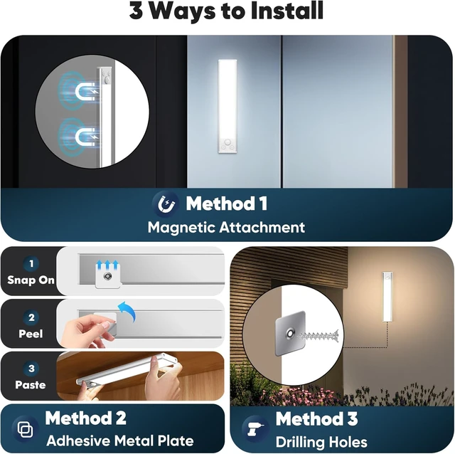 Alt view image 6 of 7 - Under Cabinet Lights, 2500mAh 12 Inch Motion Sensor Rechargeable Battery Operated Wireless Under Counter Lights Indoor, Magnetic 108-LED Dimmable Closet Lights for Kitchen with 3 Color Temps 5-Pack