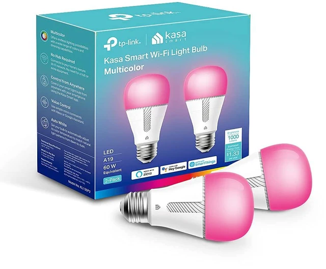 Main image of Light Bulbs KL135P2, 1000LM, Dimmable Smart WiFi Light Bulb, A19 16M Color Changing, Works with Alexa and Google Home, 2.4GHz Wi-Fi only, No Hub Required, 2-Pack
