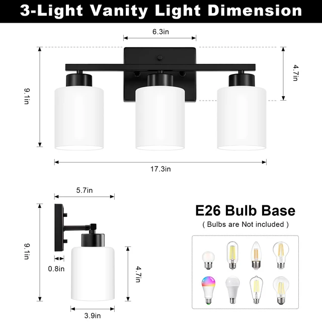 Alt view image 2 of 7 - Black Bathroom Light Fixtures Vanity Lights Over Mirror Modern 3-Light Lighting Fixtures for Bathroom With Milky White Frosted Glass Shades, E26 Socket (Bulbs Not Included)