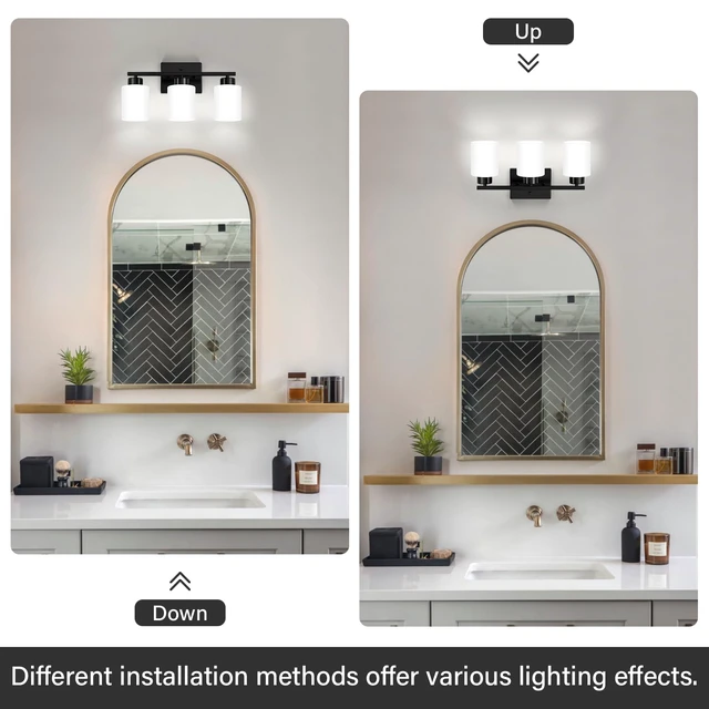 Alt view image 4 of 7 - Black Bathroom Light Fixtures Vanity Lights Over Mirror Modern 3-Light Lighting Fixtures for Bathroom With Milky White Frosted Glass Shades, E26 Socket (Bulbs Not Included)