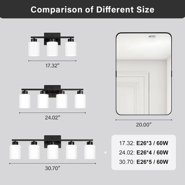 Alt view image 5 of 7 - Black Bathroom Light Fixtures Vanity Lights Over Mirror Modern 3-Light Lighting Fixtures for Bathroom With Milky White Frosted Glass Shades, E26 Socket (Bulbs Not Included)