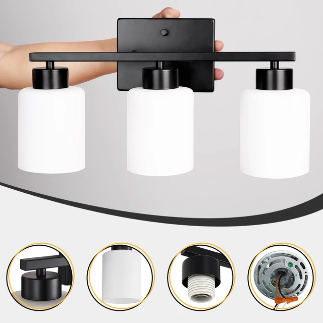 Alt view image 7 of 7 - Black Bathroom Light Fixtures Vanity Lights Over Mirror Modern 3-Light Lighting Fixtures for Bathroom With Milky White Frosted Glass Shades, E26 Socket (Bulbs Not Included)