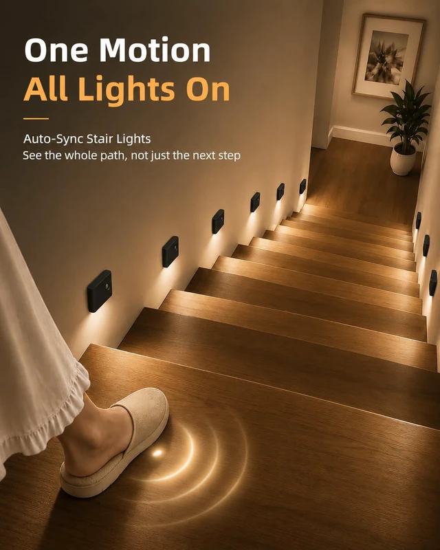 Alt view image 2 of 7 - 6 Pack Motion Sensor Night Lights, Sync LED Stair Lights Indoor, 1500mAh Rechargeable, Magnetic & Dimmable, 3000K Soft White, Portable Nightlight for Hallway, Stairs, Bathroom, Bedroom (Black)