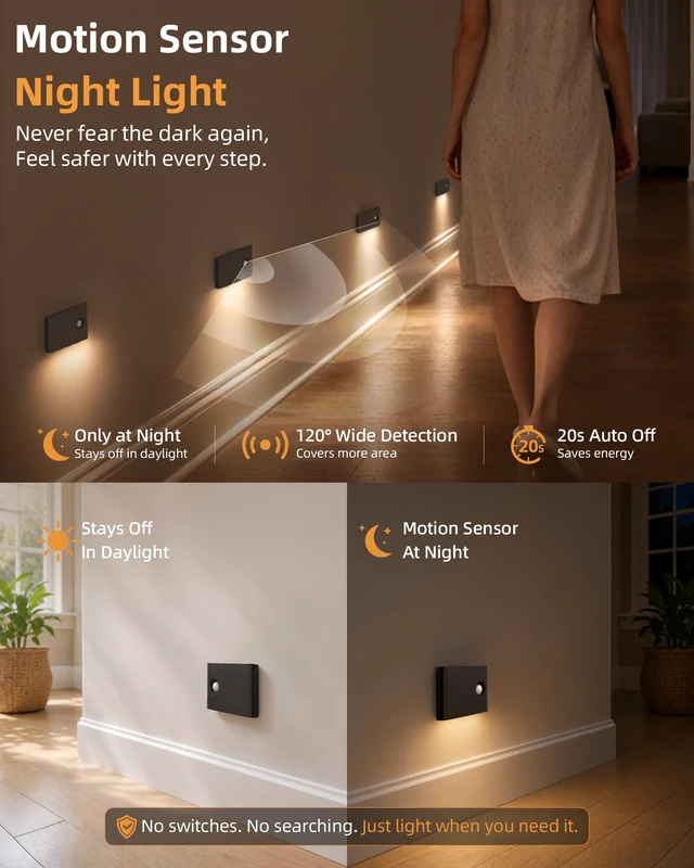 Alt view image 5 of 7 - 6 Pack Motion Sensor Night Lights, Sync LED Stair Lights Indoor, 1500mAh Rechargeable, Magnetic & Dimmable, 3000K Soft White, Portable Nightlight for Hallway, Stairs, Bathroom, Bedroom (Black)