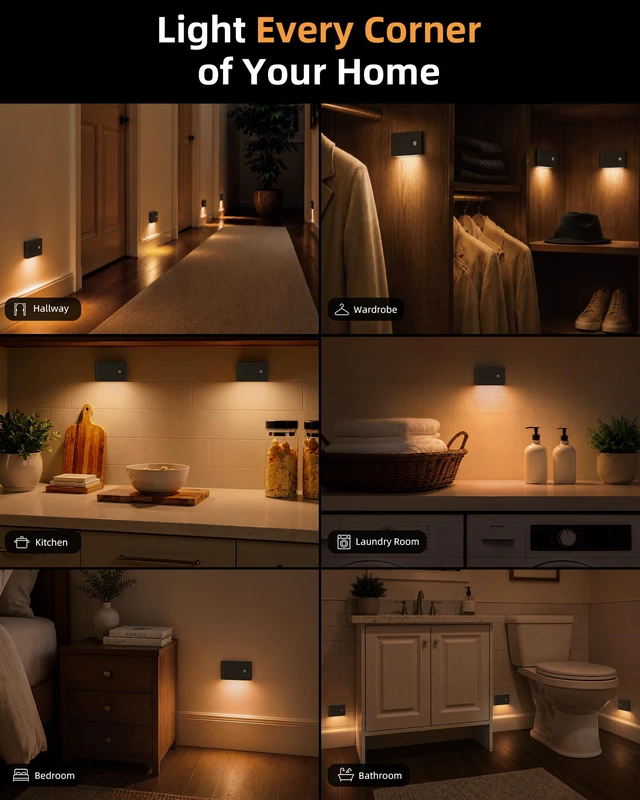 Alt view image 6 of 7 - 6 Pack Motion Sensor Night Lights, Sync LED Stair Lights Indoor, 1500mAh Rechargeable, Magnetic & Dimmable, 3000K Soft White, Portable Nightlight for Hallway, Stairs, Bathroom, Bedroom (Black)