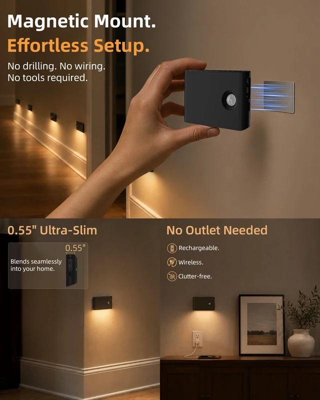 Alt view image 7 of 7 - 6 Pack Motion Sensor Night Lights, Sync LED Stair Lights Indoor, 1500mAh Rechargeable, Magnetic & Dimmable, 3000K Soft White, Portable Nightlight for Hallway, Stairs, Bathroom, Bedroom (Black)