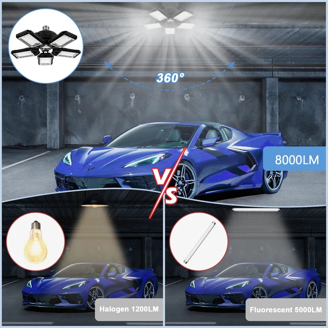 Alt view image 3 of 5 - LED Garage Lights 2 Pack-160W, 16000LM 6500K with 5+1 Deformable Panels, Indoor LED Shop Light Barn Light Garage Ceiling Lights, E26/E27 for Garages, Warehouse, Shop, Basement