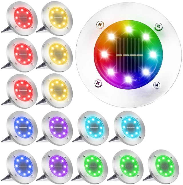 Main image of Solar Ground Light Outdoor, 16 Pack 8 LED Color Changing Solar Disk Lights Waterproof Garden In-ground Pathway Lights Landscape Lighting for Lawn,Yard,Deck,Patio,Walkway (RGB)