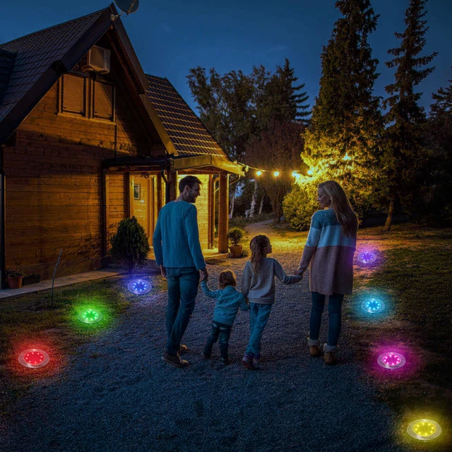 Alt view image 2 of 7 - Solar Ground Light Outdoor, 16 Pack 8 LED Color Changing Solar Disk Lights Waterproof Garden In-ground Pathway Lights Landscape Lighting for Lawn,Yard,Deck,Patio,Walkway (RGB)