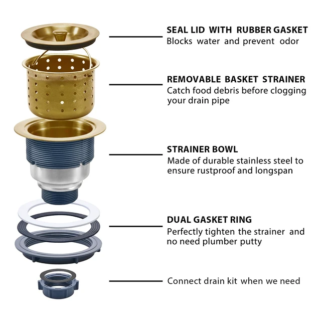 Alt view image 6 of 7 - 3-1/2 Inch Brass Sink Drain, Durable Stainless Steel Brass Kitchen Sink Drain Assembly Kit with Sink Strainer Waste Basket/Strainer Assembly/Sealing Lid for Standard Kitchen Sink