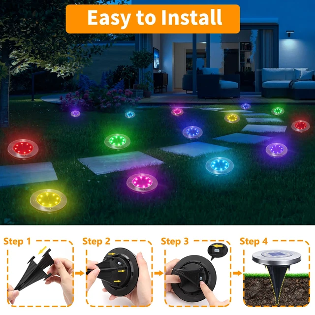 Alt view image 5 of 7 - Solar Ground Light Outdoor, 16 Pack 8 LED Color Changing Solar Disk Lights Waterproof Garden In-ground Pathway Lights Landscape Lighting for Lawn,Yard,Deck,Patio,Walkway (RGB)