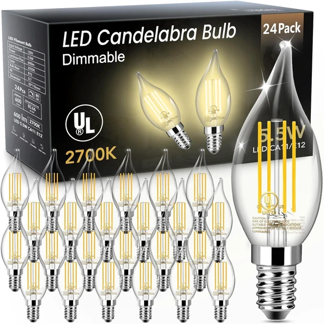 Main image of LED Candelabra Light Bulb, Chandelier E12 Light Bulb, 60W Equivalent Candle Flame Tip 2700K, 5.5W 600LM, Dimmable, E12 Base, CA11, 80+ CRI, Clear Filament Bulb for Chandelier, Lamp, Candle light
