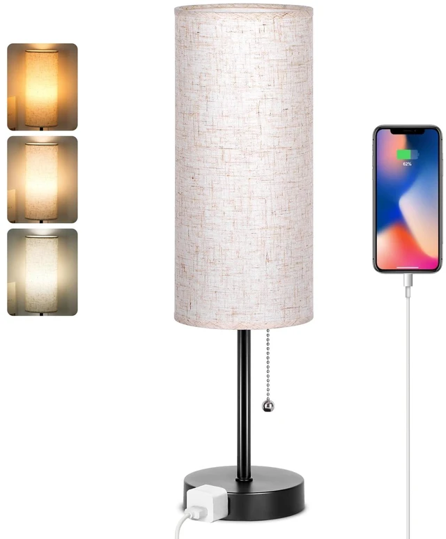 Main image of 18" Table Lamp for Bedroom, 3-Color Bedside Lamps with Pull Chain Bedroom Table Lamps for Nightstand,AC Outlet Small Lamp for Living Room, Bulb Included Flax