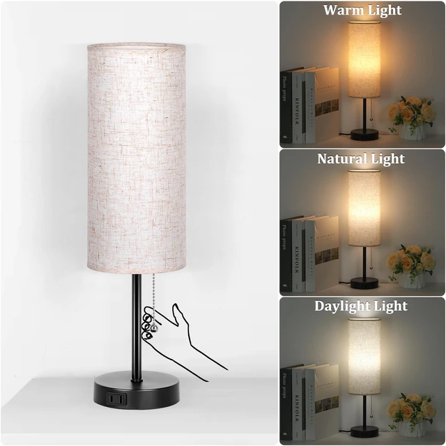 Alt view image 2 of 6 - 18" Table Lamp for Bedroom, 3-Color Bedside Lamps with Pull Chain Bedroom Table Lamps for Nightstand,AC Outlet Small Lamp for Living Room, Bulb Included Flax