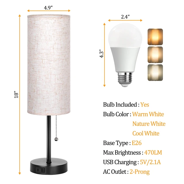 Alt view image 3 of 6 - 18" Table Lamp for Bedroom, 3-Color Bedside Lamps with Pull Chain Bedroom Table Lamps for Nightstand,AC Outlet Small Lamp for Living Room, Bulb Included Flax