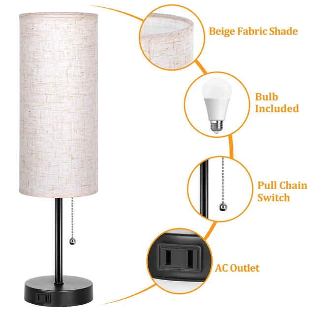 Alt view image 4 of 6 - 18" Table Lamp for Bedroom, 3-Color Bedside Lamps with Pull Chain Bedroom Table Lamps for Nightstand,AC Outlet Small Lamp for Living Room, Bulb Included Flax