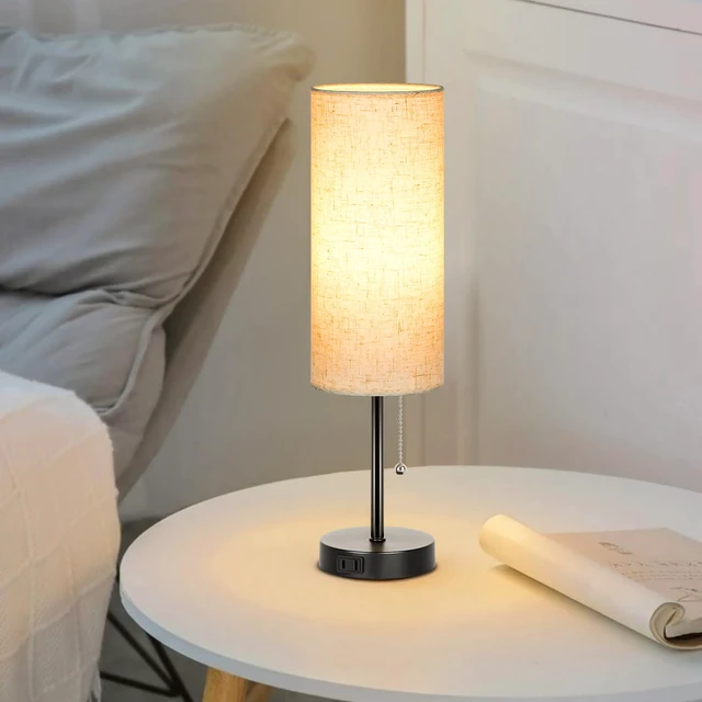 Alt view image 5 of 6 - 18" Table Lamp for Bedroom, 3-Color Bedside Lamps with Pull Chain Bedroom Table Lamps for Nightstand,AC Outlet Small Lamp for Living Room, Bulb Included Flax