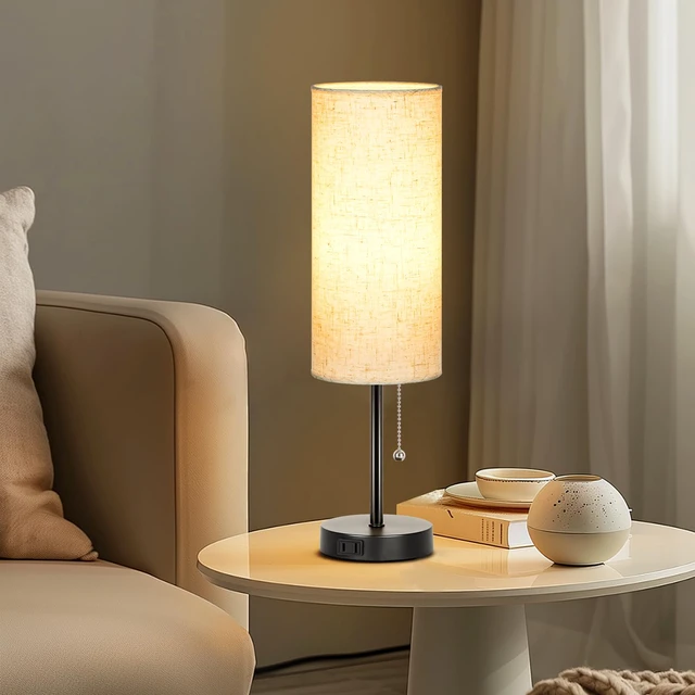 Alt view image 6 of 6 - 18" Table Lamp for Bedroom, 3-Color Bedside Lamps with Pull Chain Bedroom Table Lamps for Nightstand,AC Outlet Small Lamp for Living Room, Bulb Included Flax