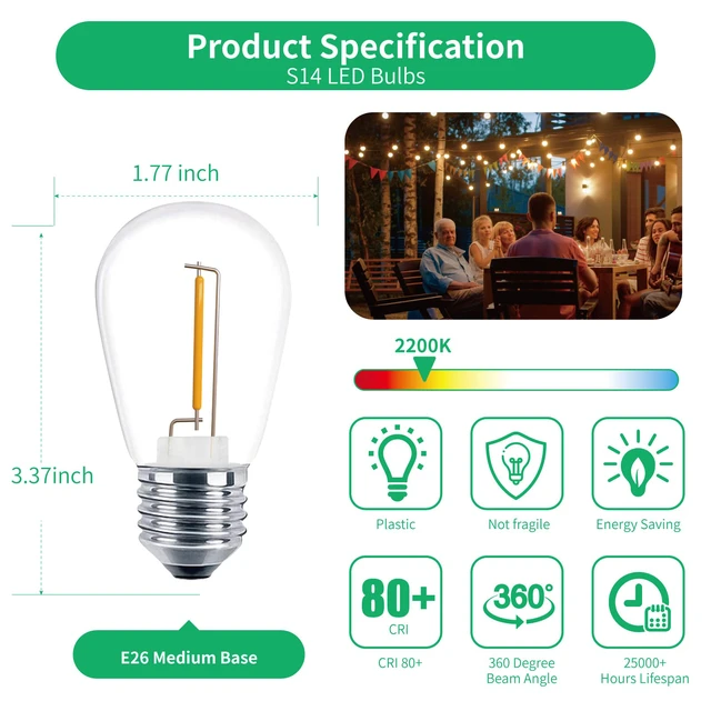 Alt view image 3 of 7 - 30 Pack S14 LED Outdoor String Light Replacement Bulbs, Warm White 1W 120V, E26 Base, Shatterproof, Waterproof, 11W Equivalent Incandescent Bulbs for Patio Backyard Garden Cafe Bistro Deck
