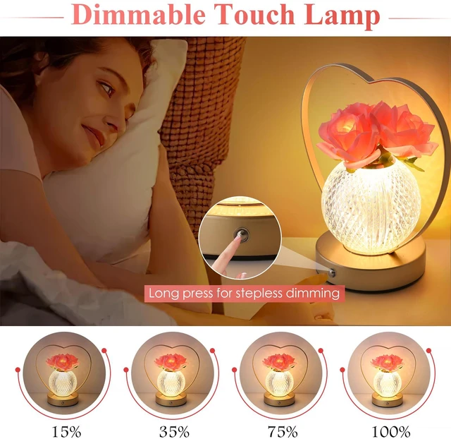 Alt view image 3 of 7 - Women Gifts Rose Flower Lamp Cordless LED Touch Lamp Decor Gift 3-Colour Infinitely Dimming,Small Night Light,Birthday Gifts for Women,Living Room Dining Room Bedroom Decor