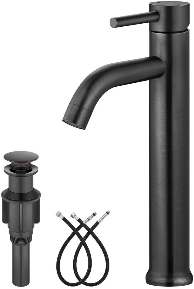 Main image of Oil Rubbed Bronze Vessel Sink Faucet Tall Bathroom Faucet Stainless Steel Bathroom Sink Faucet Single Handle One Hole Round Body with Pop up Drain Basin Bowl Vanity Lavatory Mixer Tap