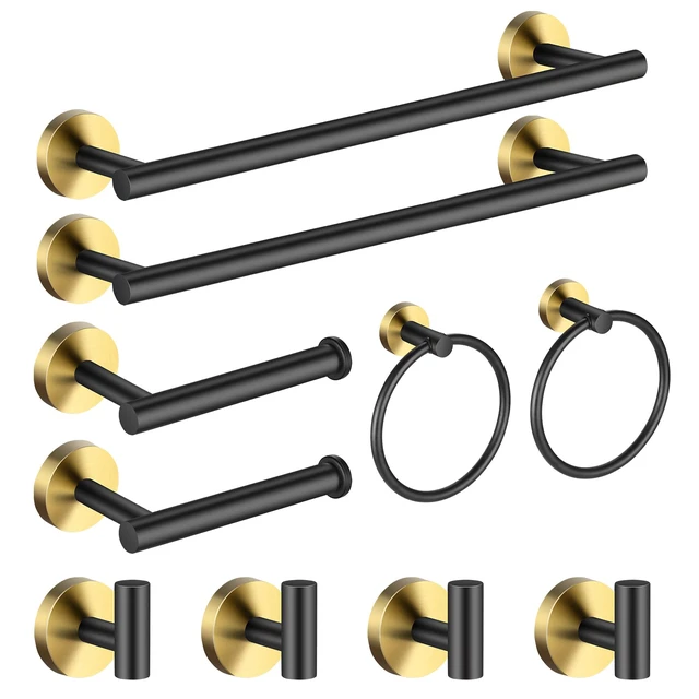 Main image of Bathroom Hardware Set Black and GoldTowel Bar Set Including 2pcs 16inch Towel Bars, 2pcs Toilet Paper Holders, 2pcs Towel Rings and 4pcs Robe Towel Hooks