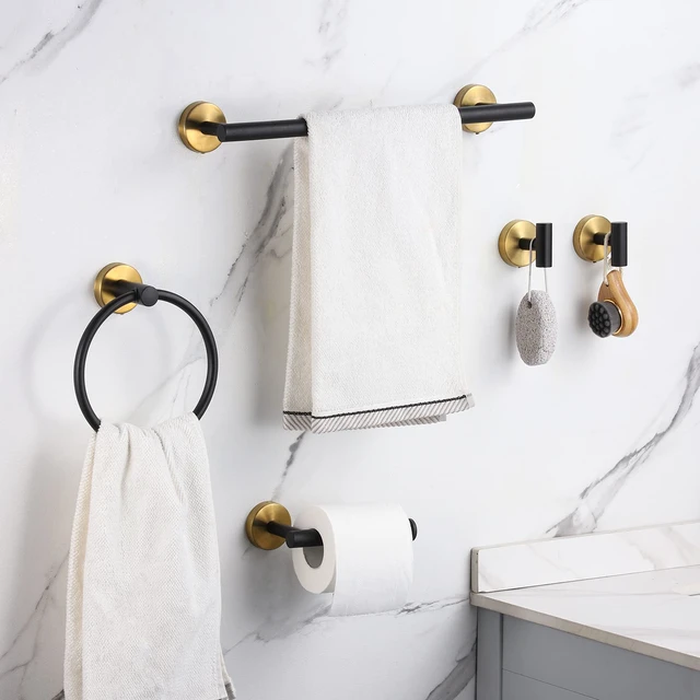 Alt view image 2 of 7 - Bathroom Hardware Set Black and GoldTowel Bar Set Including 2pcs 16inch Towel Bars, 2pcs Toilet Paper Holders, 2pcs Towel Rings and 4pcs Robe Towel Hooks