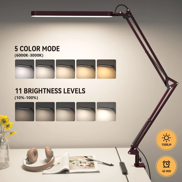 Alt view image 2 of 7 - Desk Lamp - LED Desk Light - 5 Color Modes X 11 Brightness Levels - Adjustable Swing Arm - Timmer & Memory Function - 12W Lamp for Desk - Red