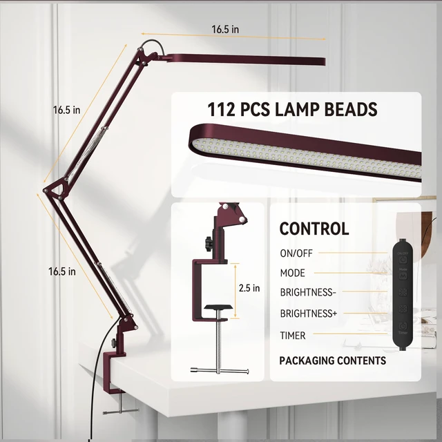 Alt view image 3 of 7 - Desk Lamp - LED Desk Light - 5 Color Modes X 11 Brightness Levels - Adjustable Swing Arm - Timmer & Memory Function - 12W Lamp for Desk - Red