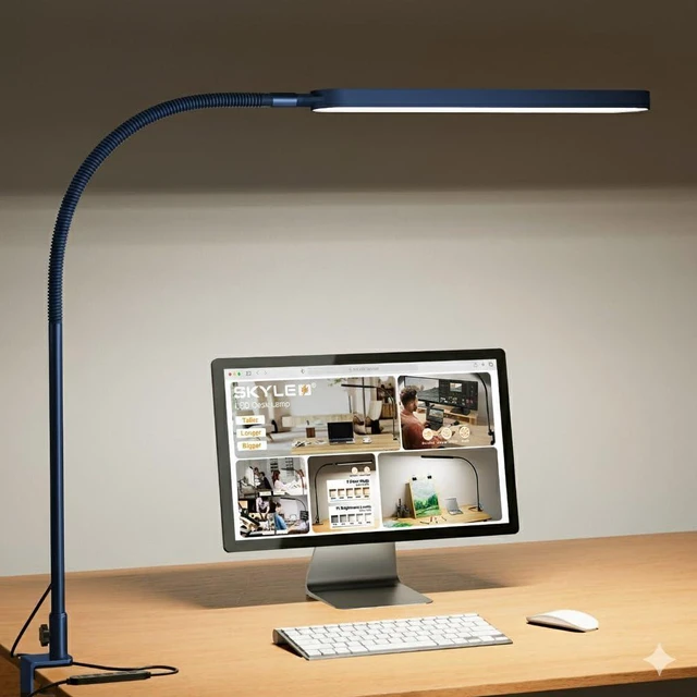 Main image of LED Desk Lamp - Desk Light for Home Office - Flexible Gooseneck - 5 Color Modes X 11 Brightness Levels - 1300LM - Timmer & Memory Function - 12W Clip on Light - Blue