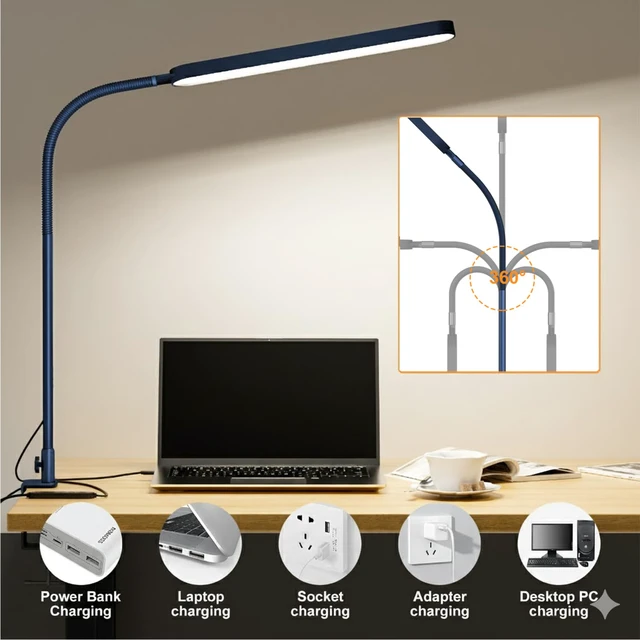 Alt view image 4 of 7 - LED Desk Lamp - Desk Light for Home Office - Flexible Gooseneck - 5 Color Modes X 11 Brightness Levels - 1300LM - Timmer & Memory Function - 12W Clip on Light - Blue