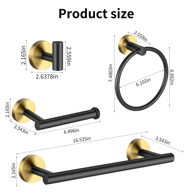 Alt view image 7 of 7 - Bathroom Hardware Set Black and GoldTowel Bar Set Including 2pcs 16inch Towel Bars, 2pcs Toilet Paper Holders, 2pcs Towel Rings and 4pcs Robe Towel Hooks