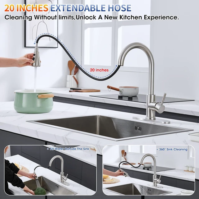 Alt view image 2 of 7 - Kitchen Faucets with Pull Down Sprayer, High Arc, Brushed Nickel Single Handle Stainless Steel Kitchen Sink Faucet, Single hole or 3 Hole, with spray head replacement