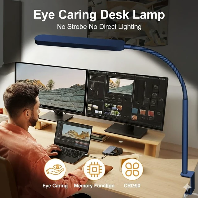 Alt view image 5 of 7 - LED Desk Lamp - Desk Light for Home Office - Flexible Gooseneck - 5 Color Modes X 11 Brightness Levels - 1300LM - Timmer & Memory Function - 12W Clip on Light - Blue