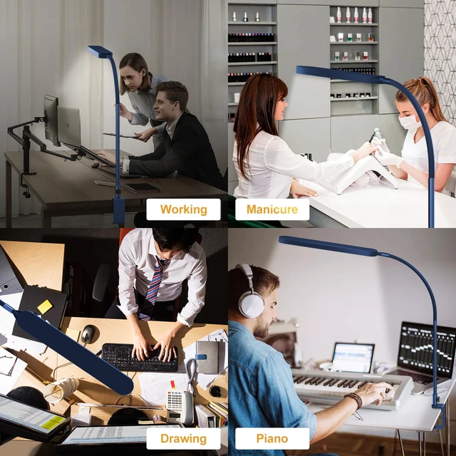Alt view image 6 of 7 - LED Desk Lamp - Desk Light for Home Office - Flexible Gooseneck - 5 Color Modes X 11 Brightness Levels - 1300LM - Timmer & Memory Function - 12W Clip on Light - Blue