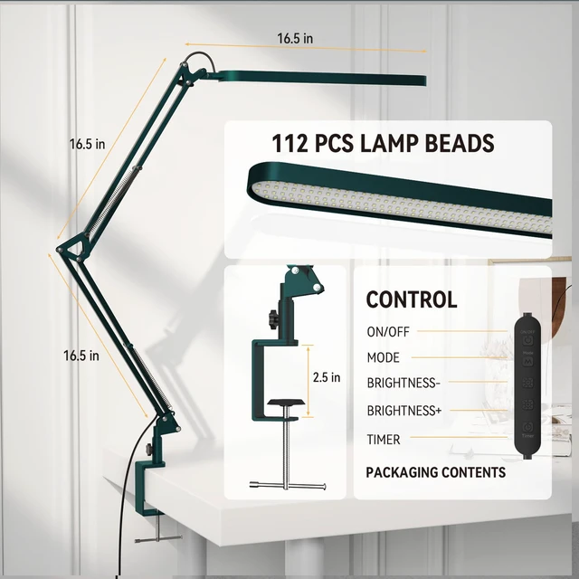 Alt view image 3 of 7 - Desk Lamp - LED Desk Light - 5 Color Modes X 11 Brightness Levels - Adjustable Swing Arm - Timmer & Memory Function - 12W Lamp for Desk - Green