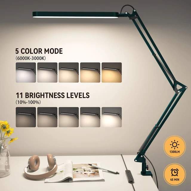 Alt view image 2 of 7 - Desk Lamp - LED Desk Light - 5 Color Modes X 11 Brightness Levels - Adjustable Swing Arm - Timmer & Memory Function - 12W Lamp for Desk - Green