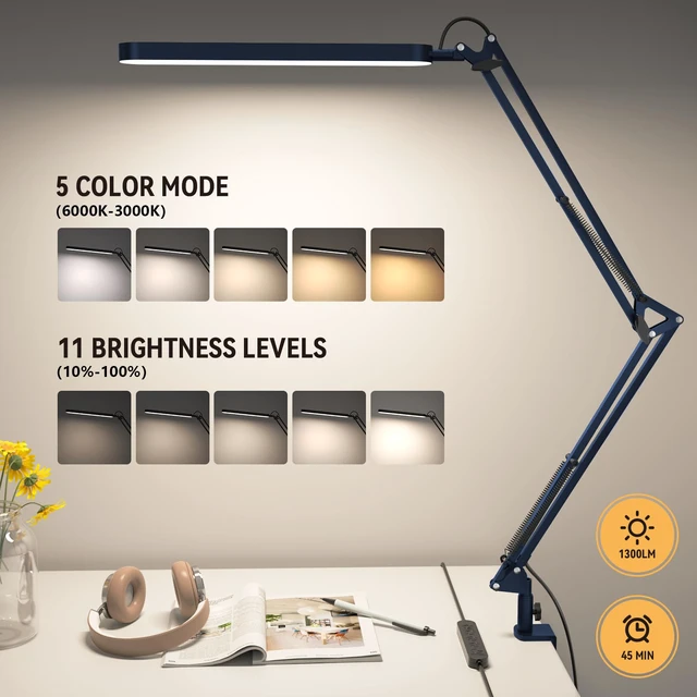 Alt view image 2 of 7 - Desk Lamp - LED Desk Light - 5 Color Modes X 11 Brightness Levels - Adjustable Swing Arm - Timmer & Memory Function - 12W Lamp for Desk - Blue