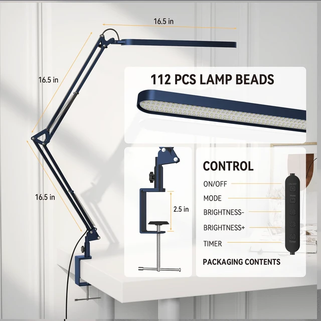 Alt view image 3 of 7 - Desk Lamp - LED Desk Light - 5 Color Modes X 11 Brightness Levels - Adjustable Swing Arm - Timmer & Memory Function - 12W Lamp for Desk - Blue