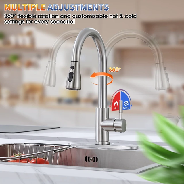 Alt view image 6 of 7 - Kitchen Faucets with Pull Down Sprayer, High Arc, Brushed Nickel Single Handle Stainless Steel Kitchen Sink Faucet, Single hole or 3 Hole, with spray head replacement