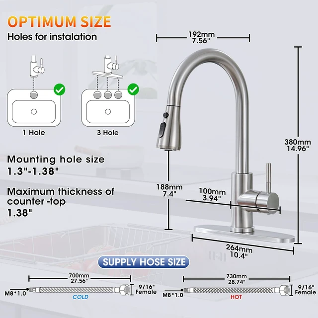 Alt view image 7 of 7 - Kitchen Faucets with Pull Down Sprayer, High Arc, Brushed Nickel Single Handle Stainless Steel Kitchen Sink Faucet, Single hole or 3 Hole, with spray head replacement