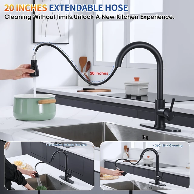 Alt view image 2 of 7 - Matte Black Kitchen Faucets with Pull Down Sprayer, High Arc Single Handle Stainless Steel Kitchen Sink Faucet for 1 or 3 Hole, Ideal for Farmhouse RV Laundry Bar Camper & Commercial