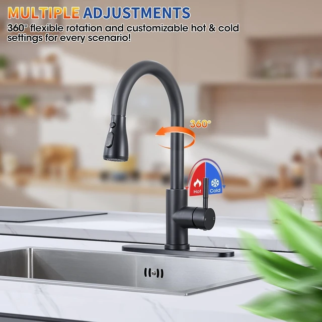 Alt view image 3 of 7 - Matte Black Kitchen Faucets with Pull Down Sprayer, High Arc Single Handle Stainless Steel Kitchen Sink Faucet for 1 or 3 Hole, Ideal for Farmhouse RV Laundry Bar Camper & Commercial